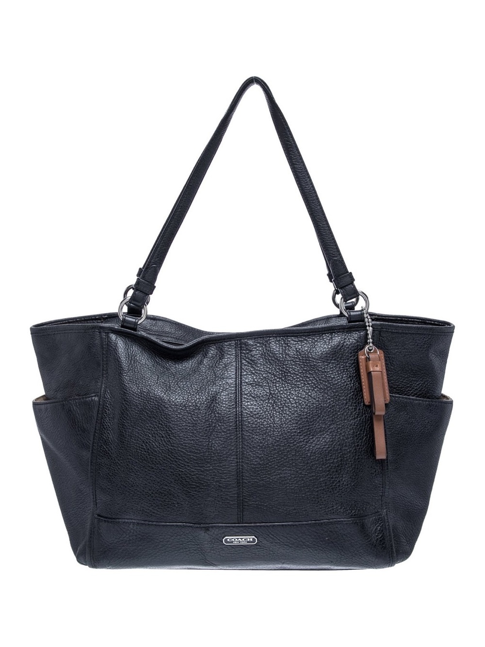 Coach Black Leather Tote with Brown Charm Accent